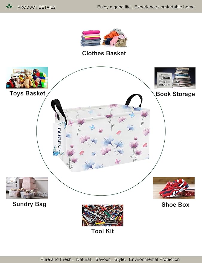 Rectangular Folding Laundry Basket,waterproof Canvas Basket,gift basket,Suitable for children's room,Office,Clothes,Toys Storage(Watermark flower)-Ruum Studio Home