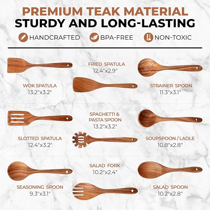 SPATUAMZ Wooden Kitchen Utensils Set, Smooth Finished Wooden Spoons for Cooking, Natural Teak Cooking Utensils Set of 9 for Nonstick Pans and Cookware-Ruum Studio Home