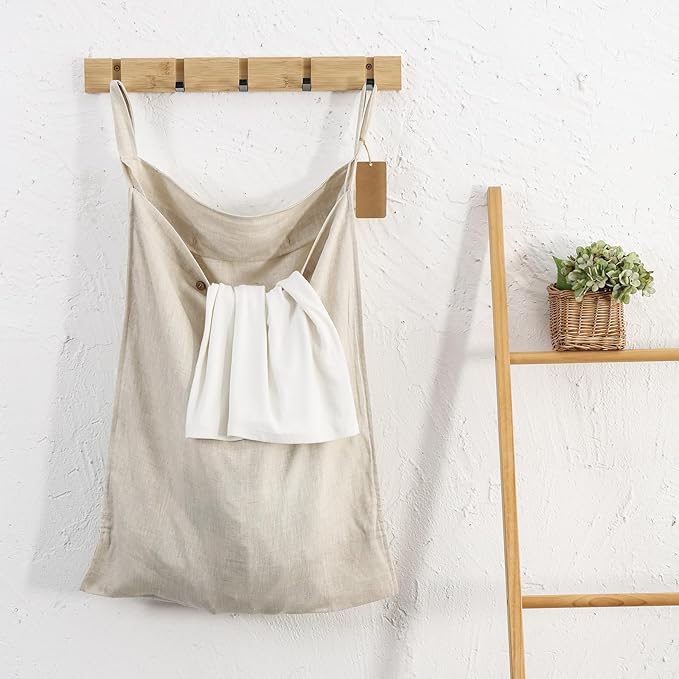 Linen Hanging Laundry Bag, 100% Linen Over The Door Laundry Hamper with Buttons and Zipper, Space Saving Door Hampers for Laundry Dirty Clothes Home Travel, Linen-Ruum Studio Home
