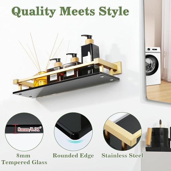 Alise Bathroom Glass Shelf with Stainless Steel Railing, Gold Small Tempered Glass Floating Wall Shelf Over The Toilet, 16 inch-Ruum Studio Home