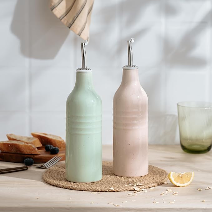 famiware Jupiter 16oz Ceramic Olive Oil Dispenser Bottle, Olive Oil and Vinegar Dispenser Bottle Set of 2 with Stainless Steel Pourers, Suitable for Storage Vinegar, Liquids, Light Pink & Light Green-Ruum Studio Home