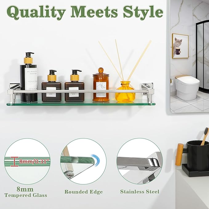 Alise Bathroom Shelves, Polished Chrome Glass Shelf for Bathroom, Modern Floating Shelves, 20 inch-Ruum Studio Home