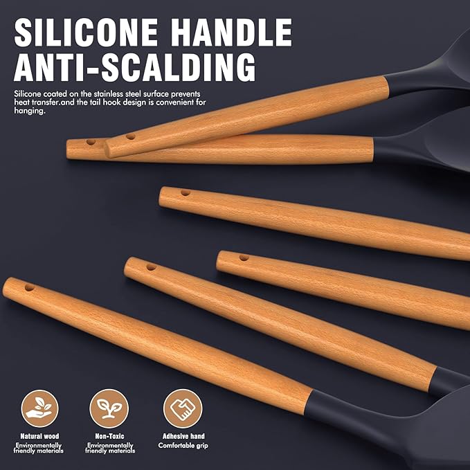 Silicone Cooking Utensils Set - Silicone Kitchen Utensils for Cooking Wooden Handles, 446°F Heat Resistant Kitchen Utensil Spatula Sets w Holder, Gadgets for Non-Stick Cookware BPA FREE (Navy Blue)-Ruum Studio Home