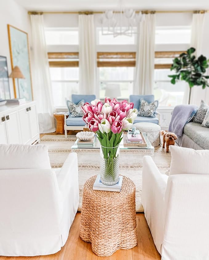 Artificial Tulips Flowers – 24" Long Stem Faux Tulips, 7PCS Real Touch Fake Pink Tulip for Vase, Farmhouse, Kitchen, Spring & Wedding Home Decor-Ruum Studio Home