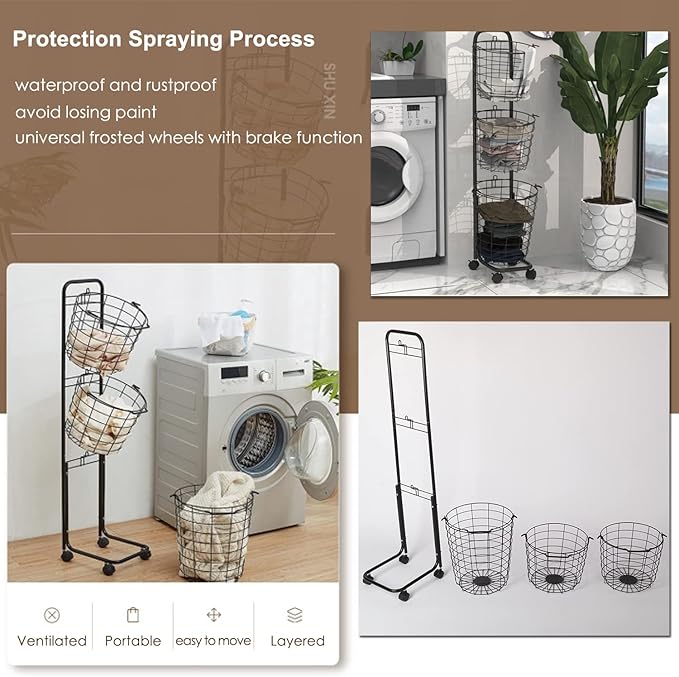 3 Tier Laundry Basket with Rolling Lockable Wheels Wire Metal Sorter Storage Trolley Shelf Basket Durable Metal Sorter Clothes Storage Trolley Shelf with Removable Hamper for Organizing Clothes-Ruum Studio Home
