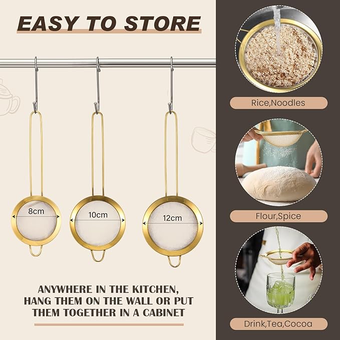 Norme 3 Quart Stainless Steel Gold Colander Gold Fine Mesh Strainer, Stainless Steel Pasta Rice Food Metal Strainer with Handles, Easy Clean and Dishwasher Safe-Ruum Studio Home