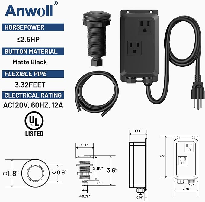 Garbage Disposal Air Switch Kit -Professional- Dual Outlet, Sink Top Waste Disposer On/Off, Garbage Disposal Button, Brass Made Cover, UL Listed-Ruum Studio Home