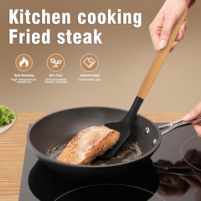 Silicone Cooking Utensils Set - Silicone Kitchen Utensils for Cooking Wooden Handles, 446°F Heat Resistant Kitchen Utensil Spatula Sets w Holder, Gadgets for Non-Stick Cookware BPA FREE (Black)-Ruum Studio Home