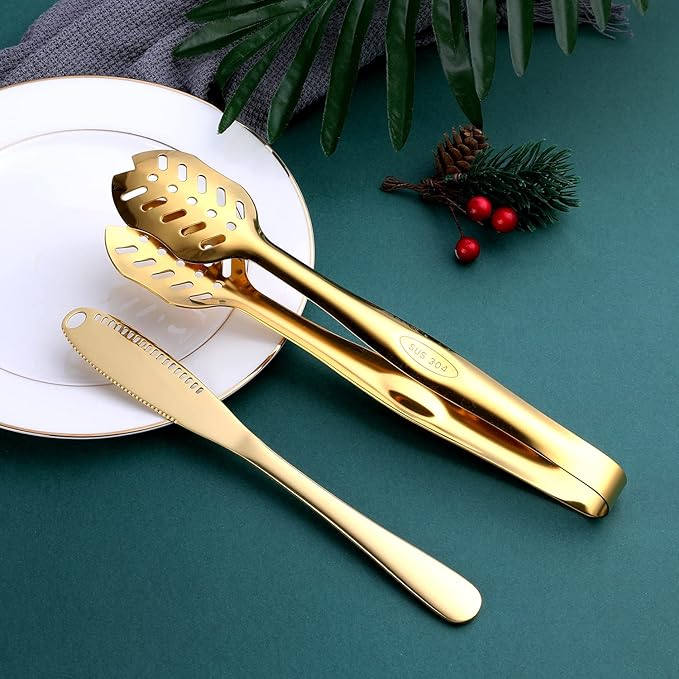 Gold Serving Utensils, OGORI 8-Piece Polished Stainless Steel Flatware Silverware Set Include Serving Spoon, Slotted Spoon, Cake Server, Soup Ladle, Fork, Salad Fork, Butter Knife, Serving Tong-Ruum Studio Home