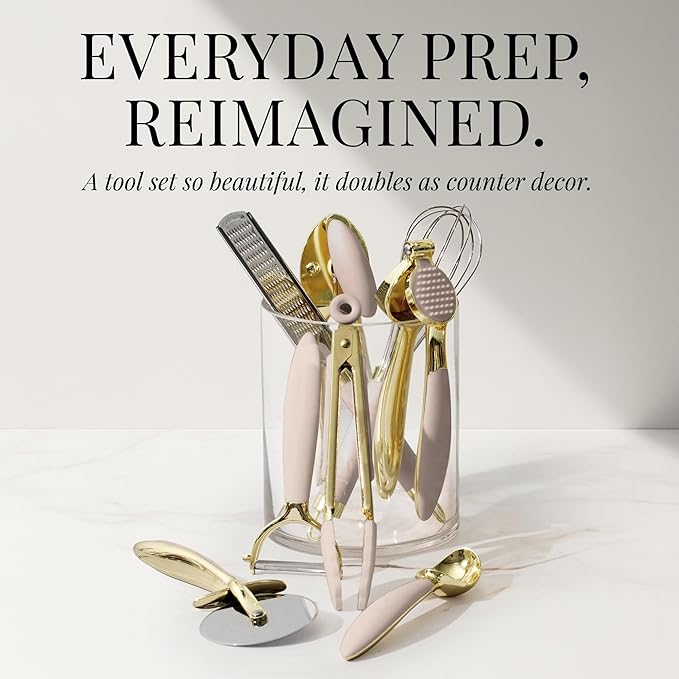 Gold and Beige Kitchen Utensils Set – 8 PC Cooking Gadgets with Mini Gold Whisk and Tongs, Pizza Cutter, Garlic Press, Cheese Grater, Peeler, Can Opener, Scoops – Stylish Beige Kitchen Accessories-Ruum Studio Home