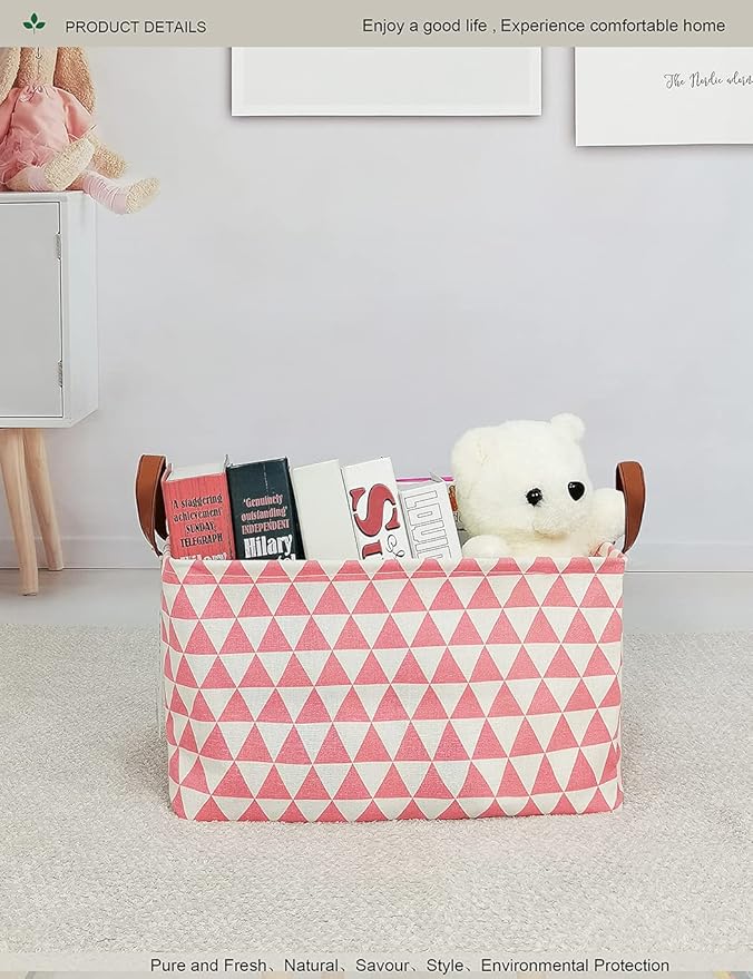 Rectangular Fabric Storage Box, Decorative Basket and Finishing Basket with Handle are Used for The Storage of Clothes, Books and Sundries(Pink Triangle) 1-Ruum Studio Home