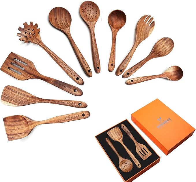 Wooden Spoons for Cooking,10 Pcs Natural Teak Wooden Cooking Utensils Wooden Kitchen Utensils Set Wooden Utensils for Cooking Wooden Spatulas for Cooking-Ruum Studio Home