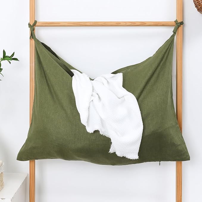 Hanging Linen Laundry Bag, 100% Pure Flax Linen Over The Door Hamper with Bottom Zipper for Laundry Room, Household Dirty Cloth Storage Organizer Bag, Army Green-Ruum Studio Home