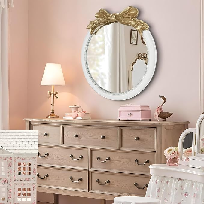 26x26 inch Bow Antique Mirrors for Wall, Round White and Gold Decorative Wall Mounted Mirror, Circle Antique Mirrors Suitable for Bedroom, Hallway, Living Room Decoration, Bathroom Sink-Ruum Studio Home