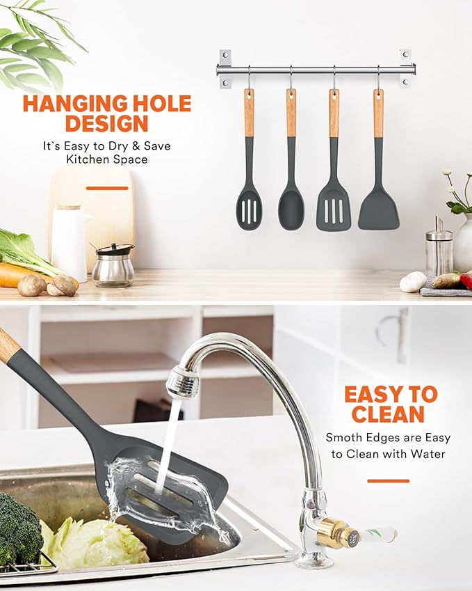 Silicone Cooking Utensils Set, Perfectly Angled for Frying, Mixing,Serving,Draining,Turning and Stirring, BPA-Free Matte Silicone, Wood Handles, Safe for Nonstick Cooking Surfaces,4 Pack (Grey)-Ruum Studio Home