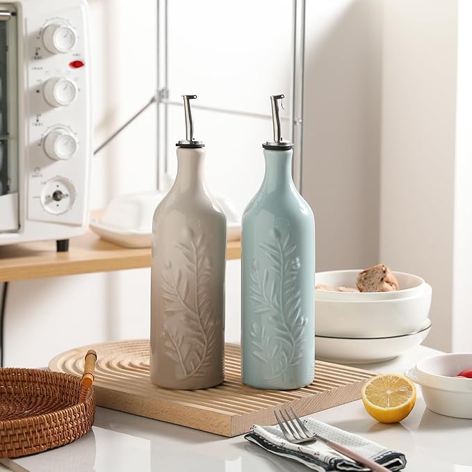 Sweejar Large Olive Oil Dispenser Bottle with Spout, 24 Oz Ceramic Oil Dispenser for Kitchen, Relief Opaque Cruet, Container for Cooking, EVOO, Vinegar, Pack of 1 (Light Blue)-Ruum Studio Home
