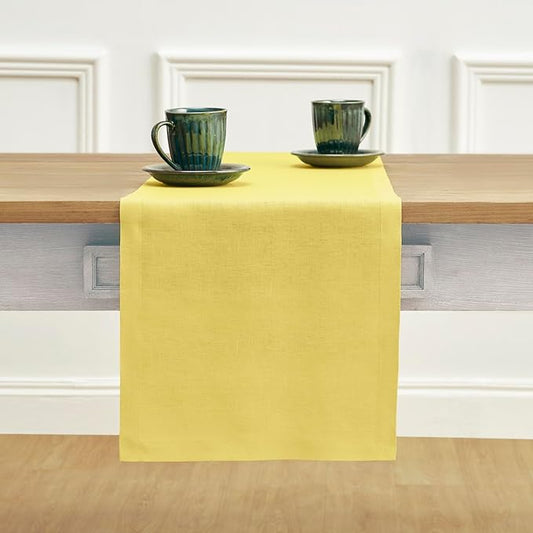 Solino Home Linen Table Runner 48 Inches - 100% Pure Linen Sunshine Yellow Table Runner 14 x 48 Inch Ideal for Dresser and Coffee Tables - Fete-Ruum Studio Home