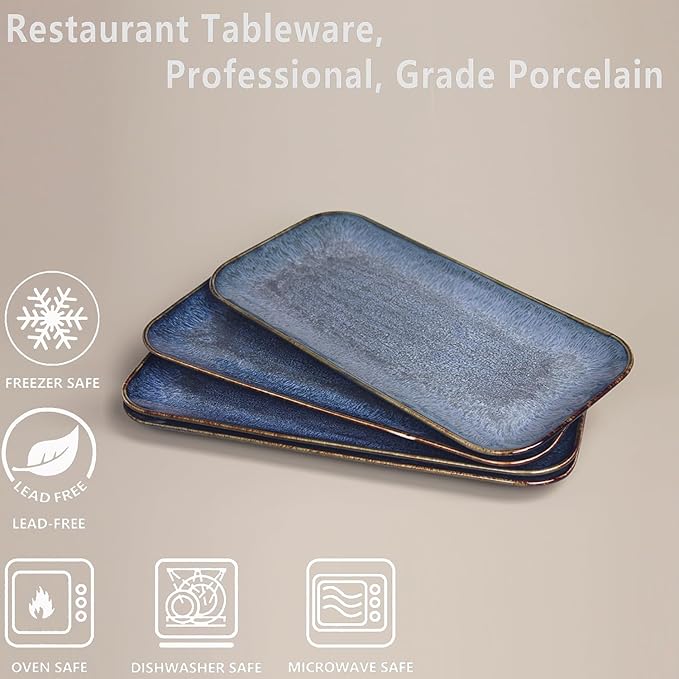 Porcelain Dinner Plates set dessert salad dish Set of 4,Main Dish for Steak,Bread, Pasta,Salad, Microwave Oven and Dishwasher Safe,Scratch Resistant Reusable 9.8 INCH Rectangular-Ruum Studio Home