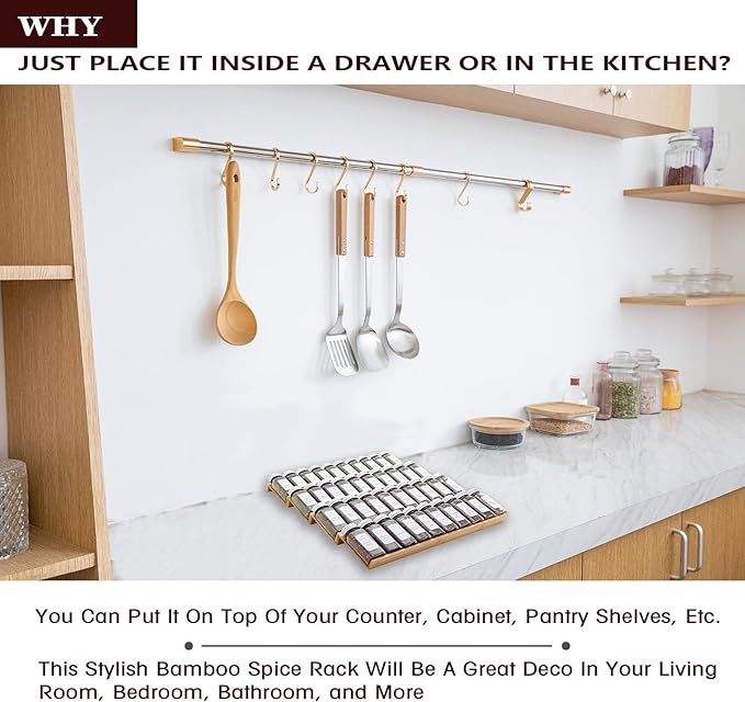Bamboo Spice Rack Drawer Organizer - 8 Pieces Set- 9" Wide Per Piece - Combine Pieces Into 18" Wide Rack (9" or 18")-Ruum Studio Home