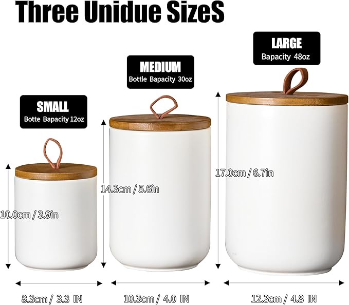 JOJUNO White Ceramic Canister Set with Wooden Lid, 3-Piece Airtight Food Storage Jars for Kitchen Counter - Flour, Sugar, Coffee, Tea, Spice - Small, Medium, Large Sizes-Ruum Studio Home