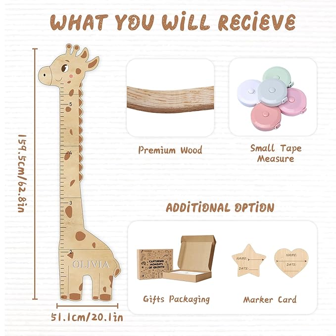Personalized Name Kids Growth Chart for Wall, Cute Giraffe Wooden Growth Chart Kids Height Chart, Wall Measurement for Kids, Height Chart for Wall, Growth Ruler for Children-Ruum Studio Home