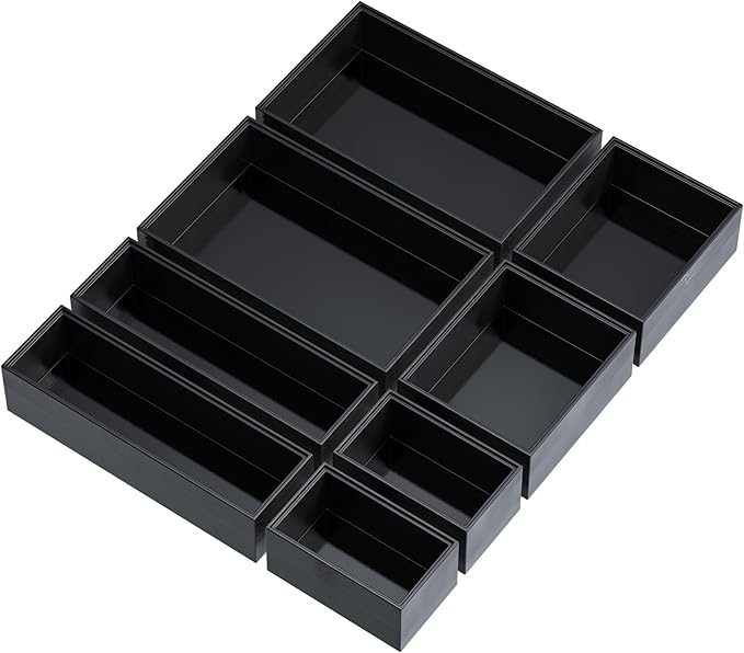 Bathroom Drawer Organizer Trays, Bamboo Drawer Organizer Kitchen Utensils Silverware Organizer, 8 PCS Wood Box Stackable Bins for Makeup, Office Desk, Junk Drawer (Black)-Ruum Studio Home