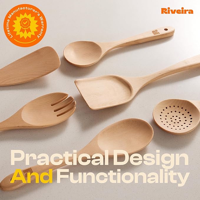 Riveira Maple Wooden Spoons for Cooking Set of 6 – Natural Maple Wooden Cooking Utensils, Wooden Spatula, Wooden Spoon - Premium Quality Wooden Utensil Set for Non-Toxic Cooking-Ruum Studio Home