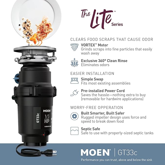 Moen GT33C Lite Series 1/3 Horsepower Continous Feed Garbage Disposal featuring Fast Track Technology, Power Cord Included-Ruum Studio Home