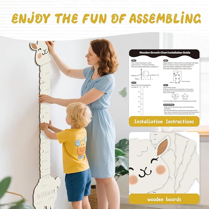Personalized Name Height Chart for Kids, Alpaca Wood Growth Chart, Height Measuring for Children, Boy Girls Height Wall Chart Growth Measuring Ruler for Nursery Decor, Lightweight-Ruum Studio Home