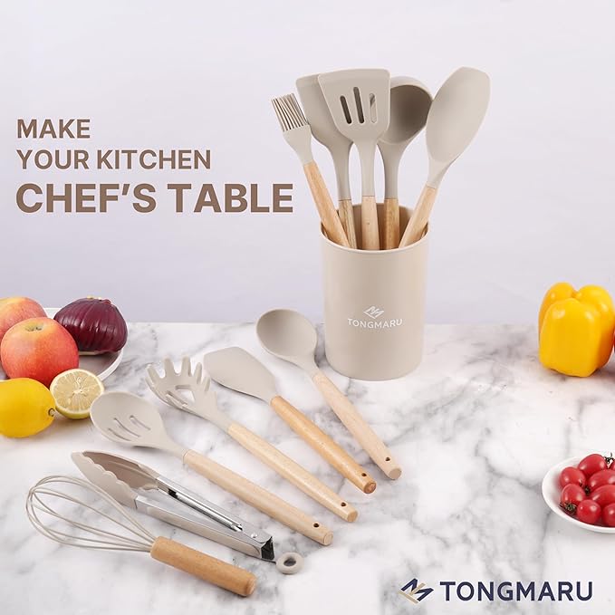 Silicone Cooking Utensils Set, Premium Beech Wood Handle Kitchen Gadgets Utensil Set, Non-Stick Kitchen Utensils Spatula, Tongs, Turner, Whisk, Brush, Spoon, BPA FREE, 446°F Resistant (Khaki)-Ruum Studio Home