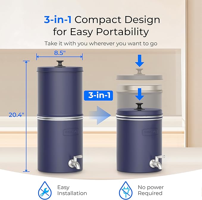 Waterdrop 2.25G Gravity Water Filter System, NSF/ANSI 42&371 Standard, Stainless Steel System with 2 Carbon Filters, Reduces 99% of Lead and Chlorine for Home, Camping, Emergencies, King Tank, Blue-Ruum Studio Home