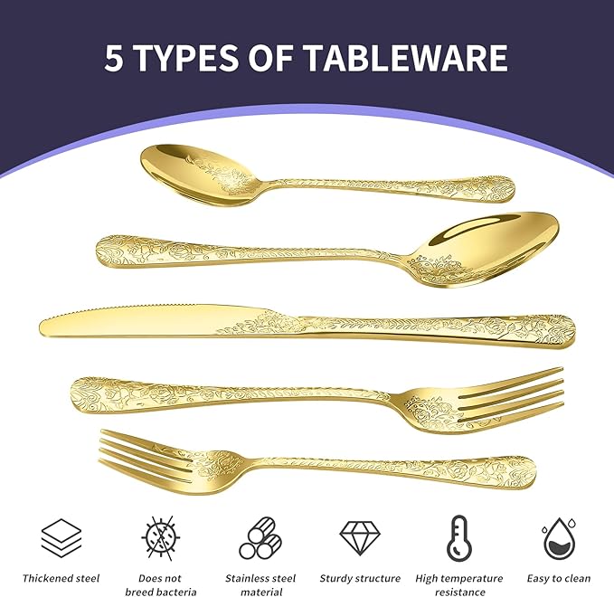 Floral 40 Pcs Gold Silverware Set for 8, Food Grade Stainless Steel Flatware Set with Rose Flower Embossed Design, Eating Utensils Sets Include Fork/Knife/Spoon, Reusable Cutlery Set, Dishwasher Safe-Ruum Studio Home