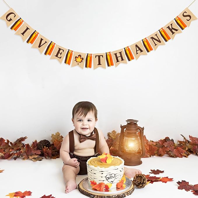 Thanksgiving Maple Leaf Burlap Pennant Banner Flag Felt Give Thanks Sign and Maple Leaf Pattern with Fall Color Ribbon for Thanksgiving Day Fall Autumn Harvest Birthday Party Decorations Supplies-Ruum Studio Home