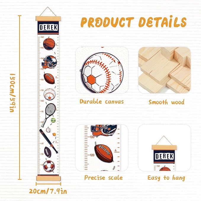 Personalized Name Growth Chart Wall Decor for Kids – Canvas Removable Height Chart Measuring Ruler 59" x 7.9" (Balls)-Ruum Studio Home