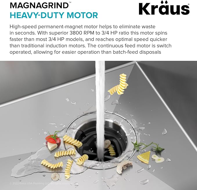 KRAUS WasteGuard High-Speed 3/4 HP Continuous Feed Ultra-Quiet Motor Garbage Disposal with Power Cord and Flange Included and Universal Mount, KWD210-75MGR-Ruum Studio Home