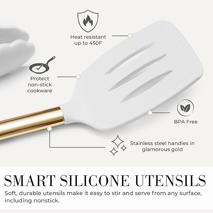 Styled Settings White and Gold Kitchen Utensils Set - 15-Piece BPA free, Non-Scratch, Utensils Set Includes White Silicone Cooking Utensils and Measuring Cups and Spoons-Ruum Studio Home