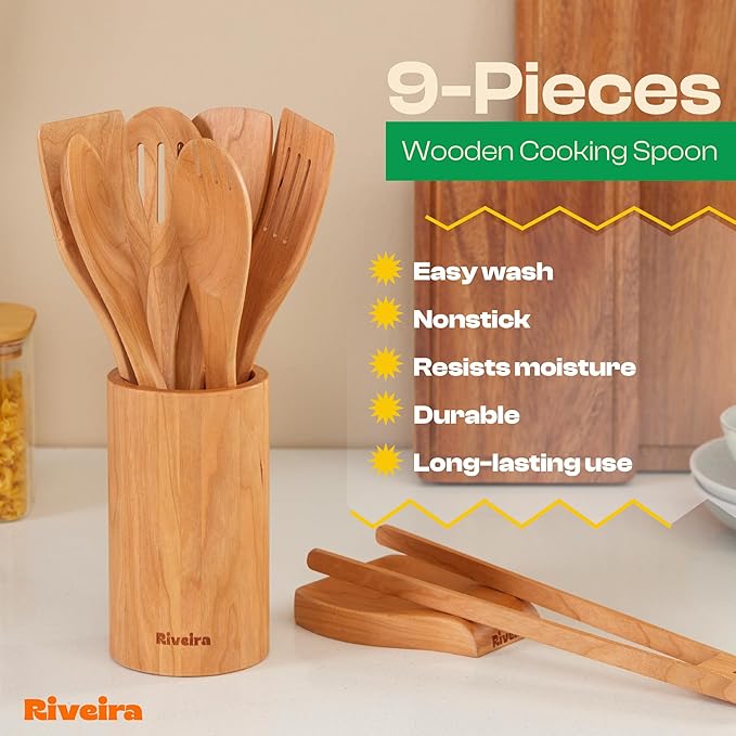 Riveira Cherry Wooden Spoons for Cooking Set of 9 – Natural Cherry Wooden Cooking Utensils, Wooden Spatula, Wooden Spoon - Premium Quality Wooden Utensil Set for Non-Toxic Cooking-Ruum Studio Home