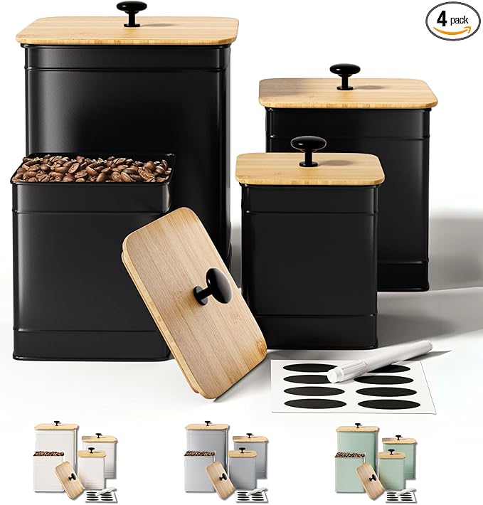 Kitchen Canisters for Countertop Set of 4 with Customizable Chalkboard Labels & Marker Pen - Big Iron Kitchen Canisters with Airtight Lids - Black Canister Set - Flour and Sugar Containers Farmhouse-Ruum Studio Home