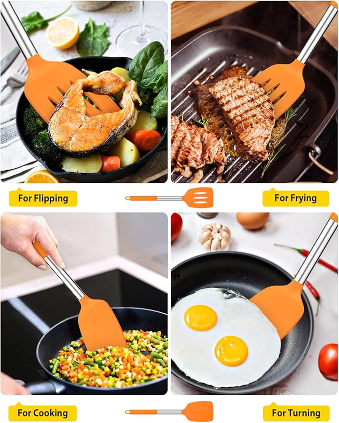 Pack of 2 Silicone Solid Turner, Non Stick Slotted Kitchen Spatulas, High Heat Resistant BPA Free Cooking Utensils, Ideal Cookware for Fish, Eggs, Pancakes (ORANGE)-Ruum Studio Home