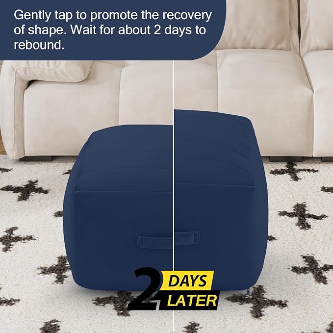 MeMoreCool Square Stuffed Pouf Ottoman Foot Rest, Floor Pouf Foot Stool with Foam Chunk Filling, Soft Stuffed Ottoman Footrest for Living Room, Navy-Ruum Studio Home