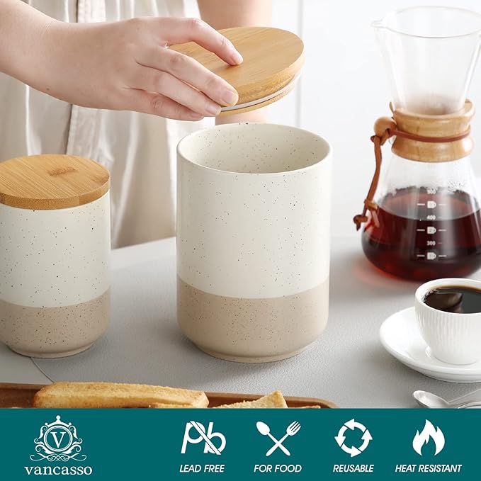 vancasso Sabine Large Ceramic Canister with Airtight Wood Lid - 74 oz Kitchen Food Storage Jar for Flour, Sugar, Coffee, Tea & Spices - Big Capacity Countertop Jar-Ruum Studio Home