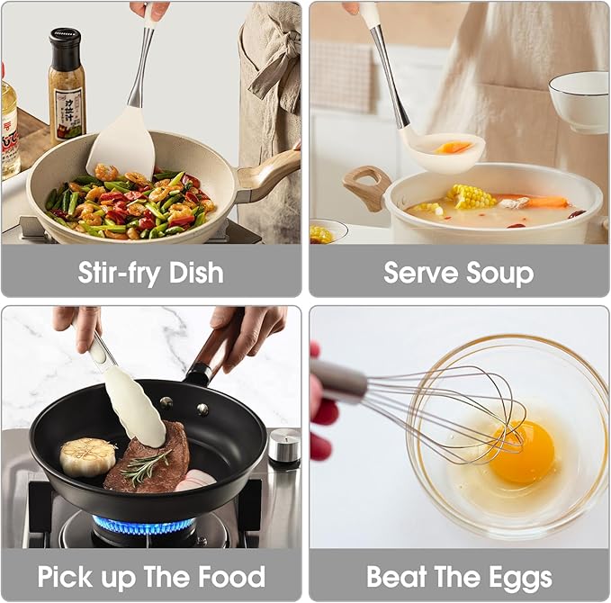 Premium White Silicone Cooking Utensils Set-Non-Toxic, Heat Resistant, BPA Free Kitchen Utensils Set with Spatula, Spoon, Whisk & Tongs-Non-Stick& Dishwasher Safe for Nonstick Cookware-Ruum Studio Home