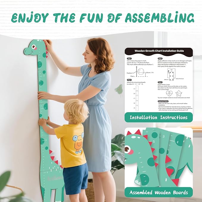 Personalized Name Growth Chart, Dinosaur Wooden Height Chart, Thick Height Measuring Board, Kids Height Tracker for Nursery Decor, Baby Boy Girl Measurement Ruler, Growth Charts Ruler-Ruum Studio Home
