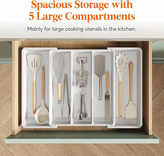 Lifewit Utensil Organizer for Kitchen Drawers, Expandable from 13‘’ to 22.4'', 15'' Depth, Plastic Cutlery Silverware Flatware Holder, Spatula Tools and Gadgets Storage, Large, White-Ruum Studio Home