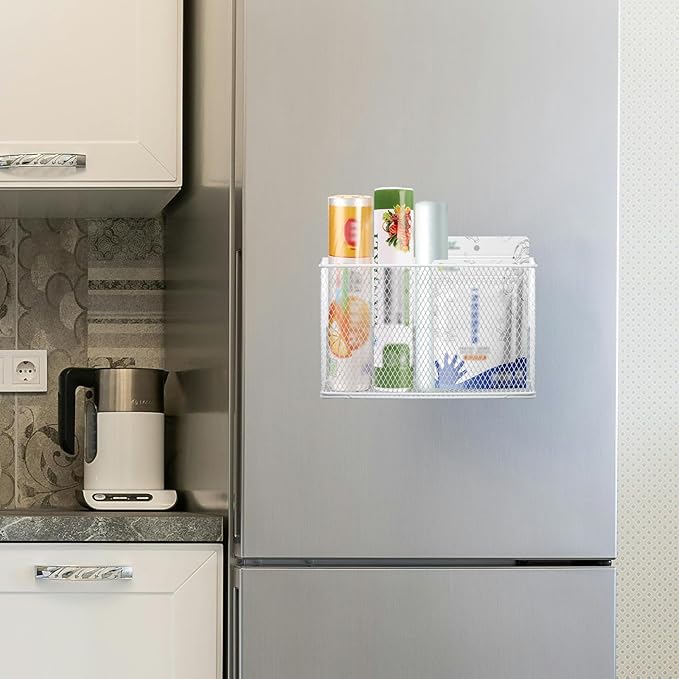 Magnetic Basket Organizer Holder for Fridge Magnetic Storage Bin Box Containers, White Magnetic Locker Organizer Holder for Kitchen Storage, Magazine, Whiteboard,10" × 3.34" ×5.9"-Ruum Studio Home