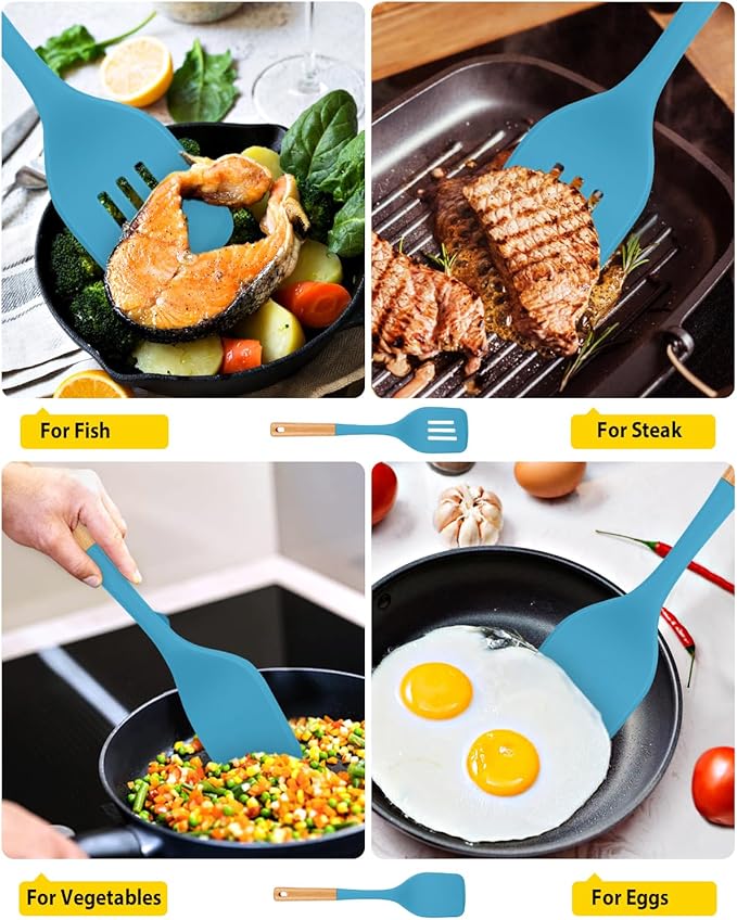 Pack of 2 Large Silicone Spatula, Heat Resistant Solid Turner, Non Stick Slotted Spatulas with Wooden Handle, Ideal Kitchen Utensils for Flipping, Pancakes, Eggs, Fish(BLUE)-Ruum Studio Home