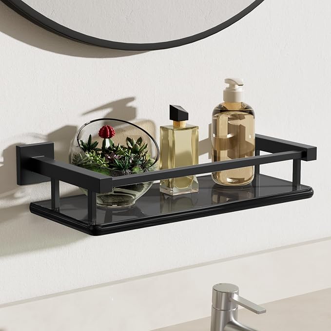 Alise Glass Shelves for Bathroom Wall, Tempered Glass Bathroom Shelf Wall Mounted, Modern Space Saving Floating Shelves 12 inch, Matte Black-Ruum Studio Home