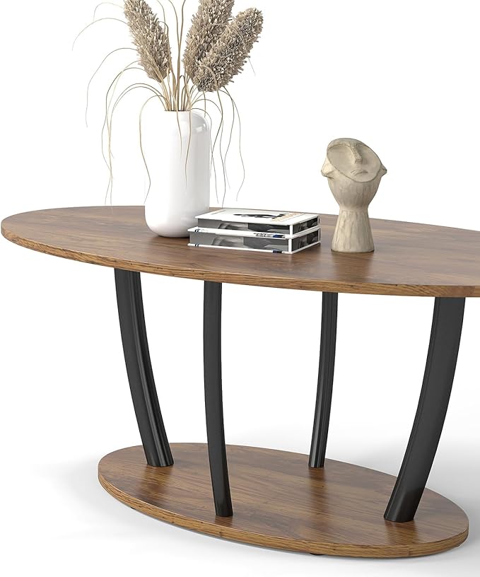 Manora Small Oval Coffee Table with Storage, Farmhouse Industrial Center Table for Living Room, Vintage Tea Table for Small Spaces, Rustic Brown-Ruum Studio Home