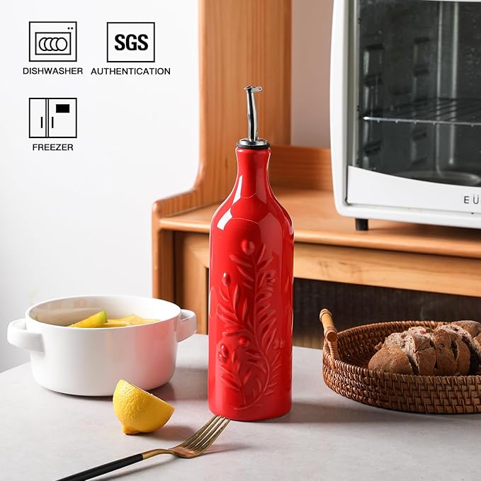 Sweejar Large Olive Oil Dispenser Bottle with Spout, 24 Oz Ceramic Oil Dispenser for Kitchen, Relief Opaque Cruet, Container for Cooking, EVOO, Vinegar, Pack of 1 (Red)-Ruum Studio Home