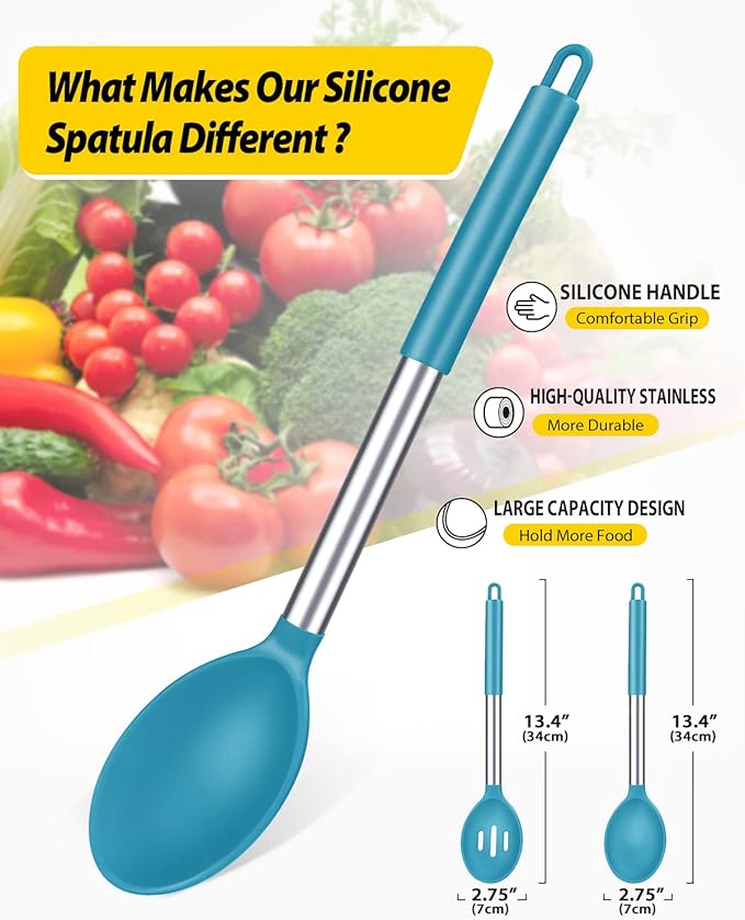 Pack of 2 Large Silicone Cooking Spoons,Non Stick Solid Basting Spoon,Heat-Resistant Kitchen Utensils for Mixing,Serving,Draining,Stirring (BLUE)-Ruum Studio Home
